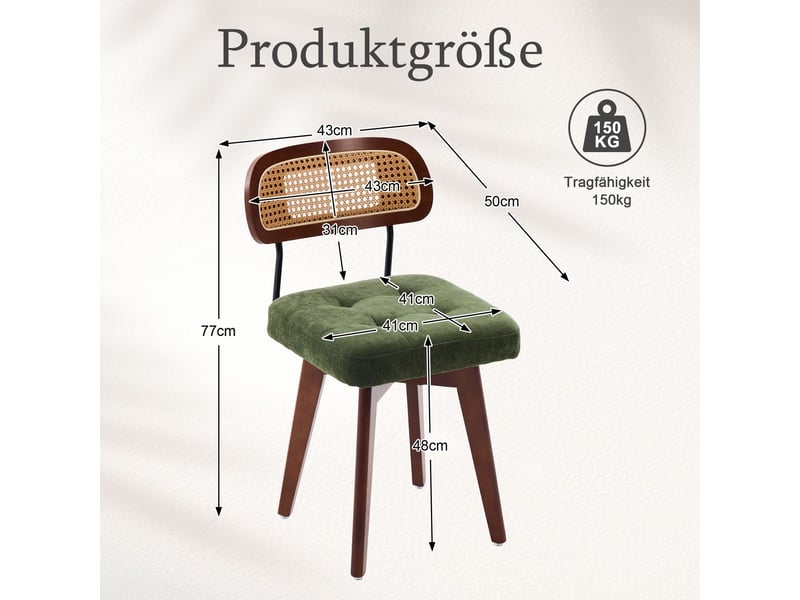  Chaise de cuisine 2 pièces rotation à 360° dossier tressé siège rembourré style mid-century moderne revêtement chenille coloris vert  - Conforama C