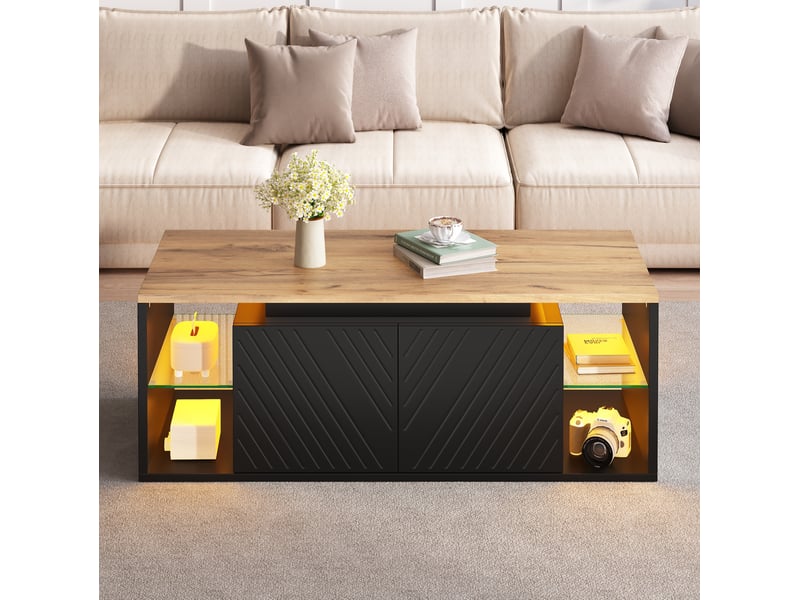  Table basse tcqpz 100 x 50 x 41 cm avec led et rangements noir effet bois  - Conforama D