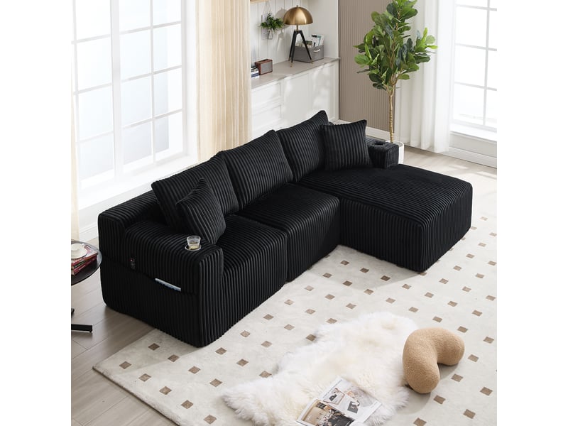  Canapé modulaire ulevr 3 places avec méridienne, velours côtelé noir, poches latérales et porte-gobelets, 257 x 160 cm  - Conforama E