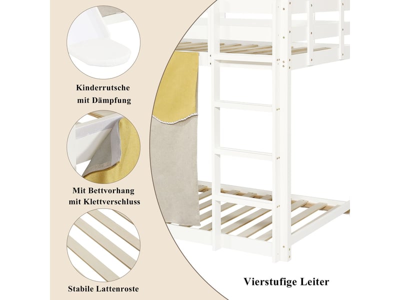  Lit superposé 90x200cm - toboggan amusant et escalier - lit superposé enfant - en bois de pin blanc avec rideau et sommiers à lattes  - Conforama E
