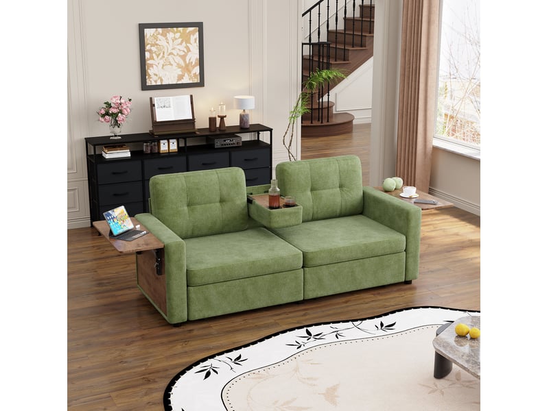  Canapé 2 places modenvie avec rangement et tablettes réglables 178 x 71 x 57,5 cm chenille vert  - Conforama B