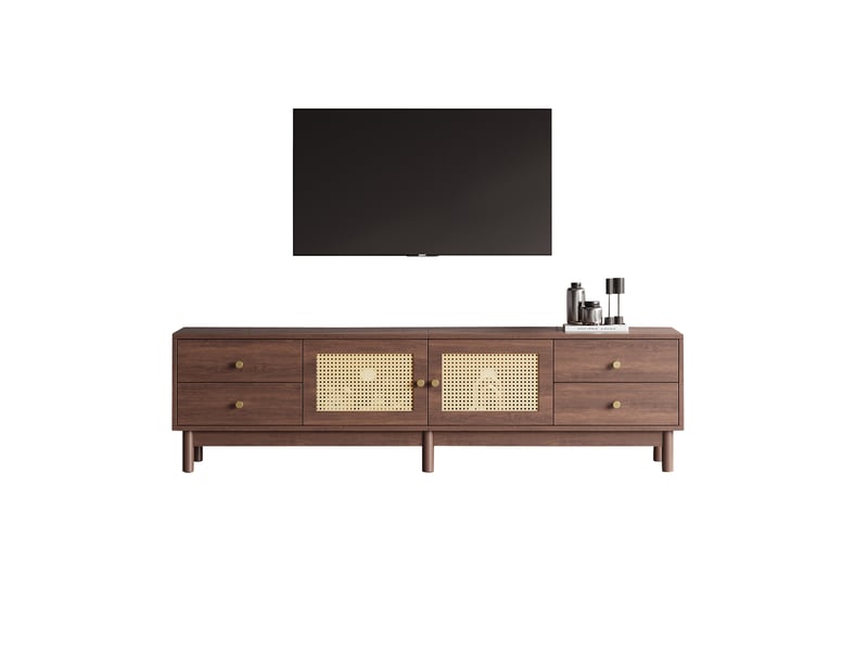  Meuble tv 180 x 35 x 44 cm marron avec portes en rotin et 4 tiroirs  - Conforama A