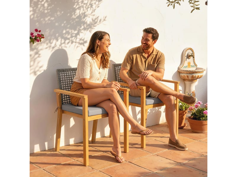  Ensemble de 2 chaises de jardin empilables en bois avec coussins, accoudoirs et dossier amovibles, 59 x 55 x 86 cm, naturel  - Conforama C