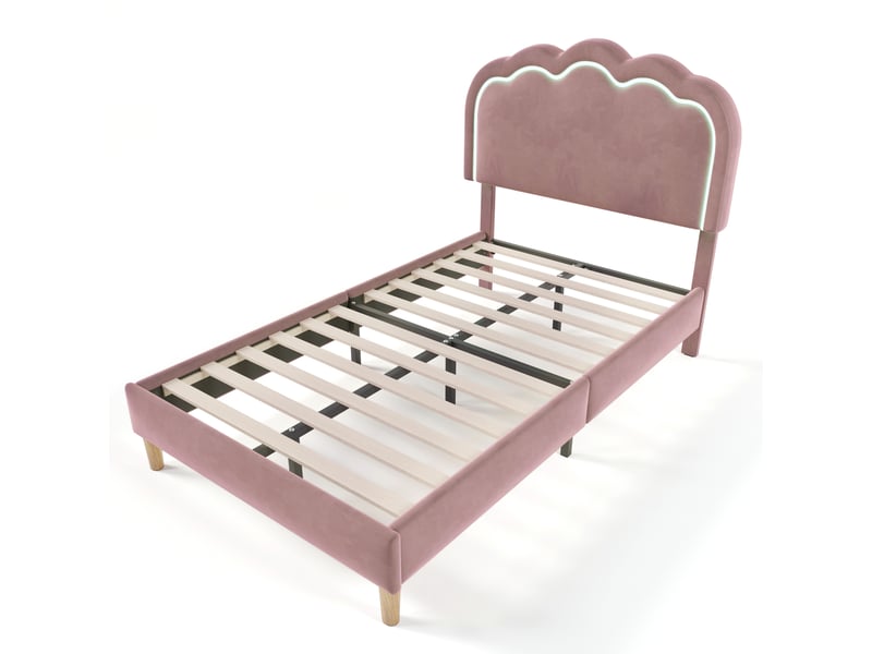  Lit enfant simple 90x200 cm avec led et tête réglable, velours, rose, sans matelas  - Conforama C