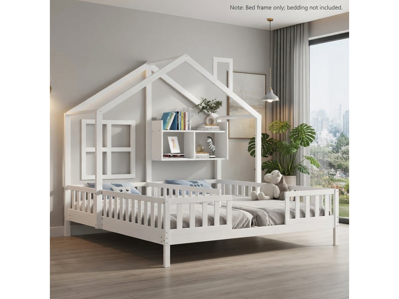  Gutenacht lit cabane bois 90x200cm, fenêtres, led, garde-corps, blanc  - Conforama B