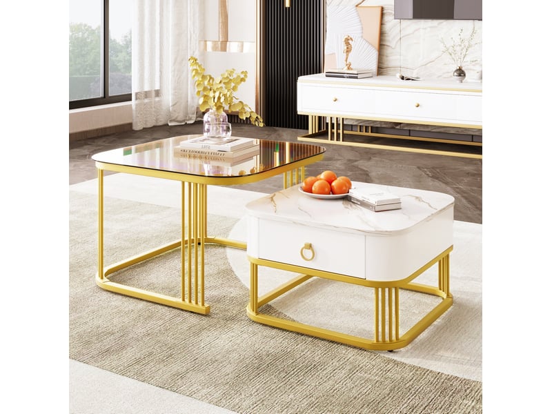  Tables basses gigognes 2 pièces – mdf effet marbre, verre brun et détails dorés – 60 x 60 cm  - Conforama B