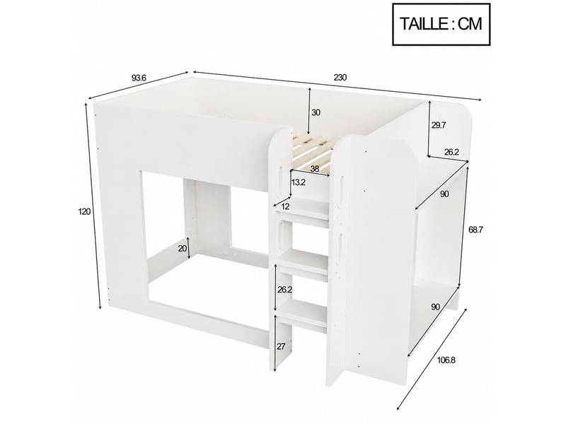  Lit superposé lit simple en mdf et contreplaqué, barrière, échelle et étagères, 90x200 cm, sans matelas, blanc  - Conforama D