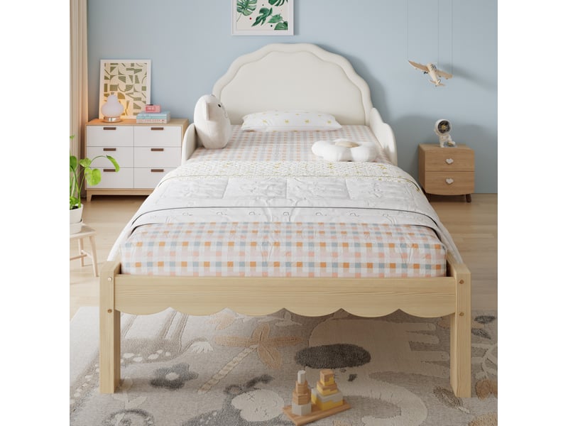 Lit enfant 90x200 cm, barrières, lit simple tête de lit en pu, sommier, structure bois, beige naturel, sans matelas  - Conforama B