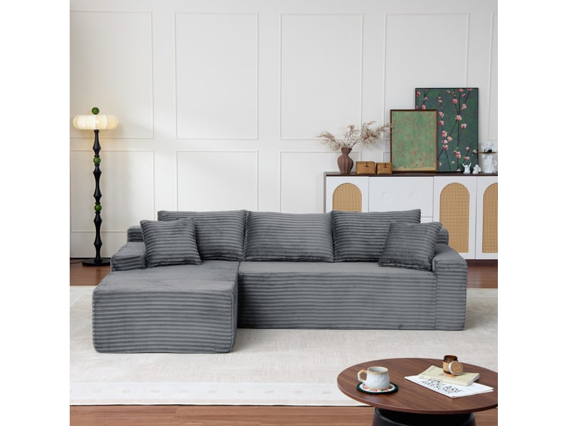  Canapé d’angle modulable 4 places en velours côtelé gris, 239x156x79 cm  - Conforama B