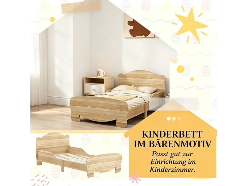 Lit enfant bas 70x140 cm en mdf bois clair, barrières fixes motif ours, pour enfants de 3 à 6 ans, sans matelas - Conforama D