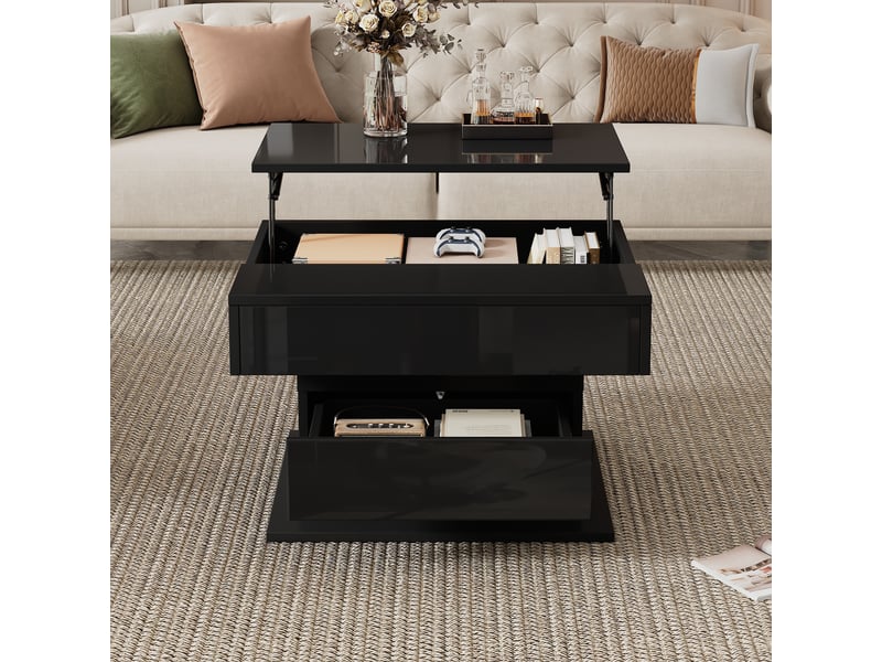  Table basse carrée noire 70x70x45 cm, table de salon relevable avec plateau tournant 360° et tiroir de rangement  - Conforama D