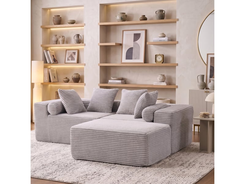  Canapé modulable d'angle 3 places compressé 266x110x60 cm, pour salon, élégant, en mousse douce et velours côtelé, gris  - Conforama B