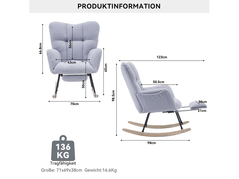  Fauteuil à bascule grise en tissu teddy avec repose-pieds pliable  - Conforama C