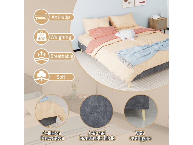 Cadre de lit 160x200 bas lit double gris velours hollandais sans tête de lit - Conforama W