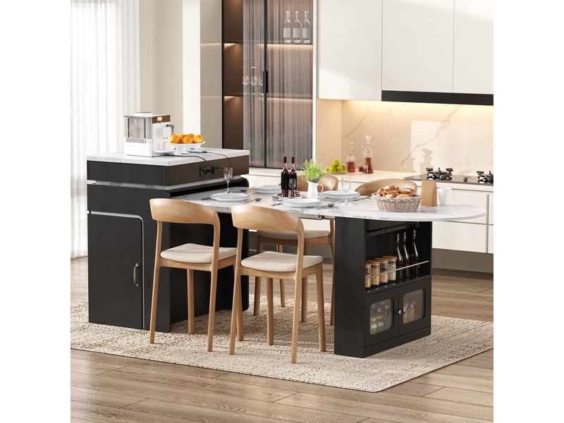 Table de bar - îlot de cuisine sur roulettes, buffet, table à manger extensible avec multiprises et éclairage led, noir - Conforama D