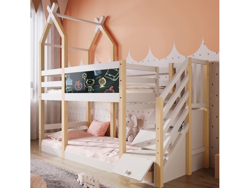 Lit superposé enfant 90x200 cm – blanc et bois naturel – escalier avec rangements et tableau, sans matelas - Conforama B