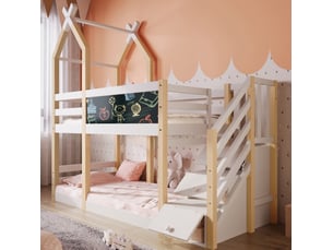 Lit superposé enfant 90x200 cm – blanc et bois naturel – escalier avec rangements et tableau, sans matelas