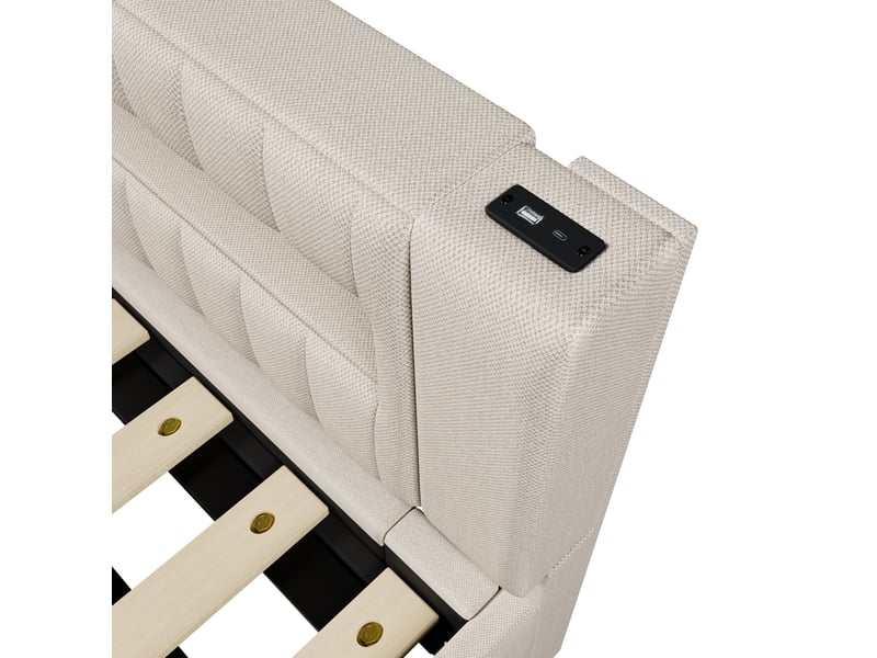  Lit banquette enfant 90x200 cm, lit coffre simple, avec éclairage led 7 couleurs, usb + type-c, espace de rangement, lin beige sans matelas  - Conforama E