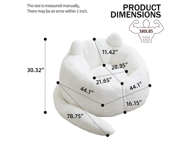  Fauteuil 1 places - 112x112x77cm - chat avec longue queue, chauffeuse rembourrée effet fourrure, sans montage - blanc  - Conforama D