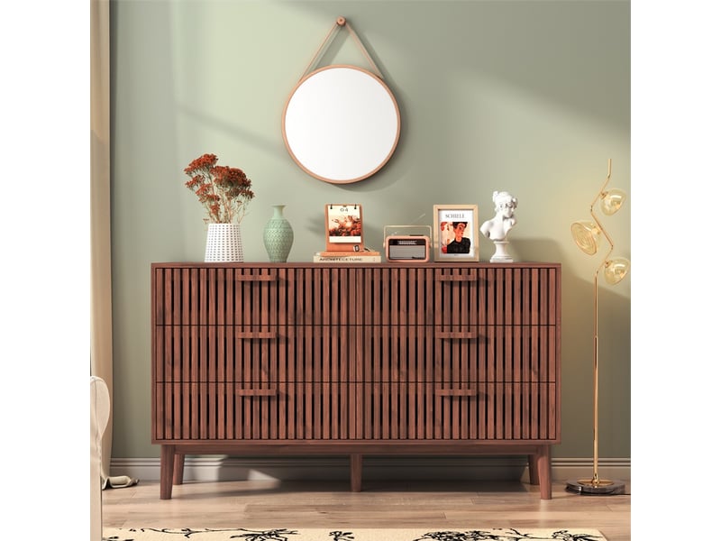  Commode 100x34x73cm - commode de chambre 6 tiroirs à façade cannelée et pieds surélevés - noyer  - Conforama C