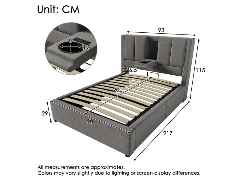  Lit rembourré 90 x 200 cm en lin gris avec rangement hydraulique, matelas et sommier à lattes inclus  - Conforama E