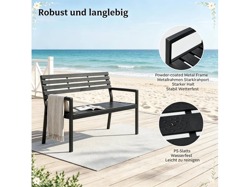  Banc de jardin 115x55x85 cm avec dossier et accoudoirs métal noir  - Conforama D