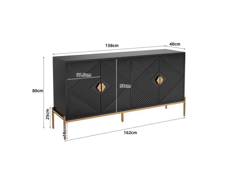  Buffet moderne 162x40x80 cm, design portes géométriques, pieds métal, mdf et panneau de particules, noir, rangement  - Conforama C