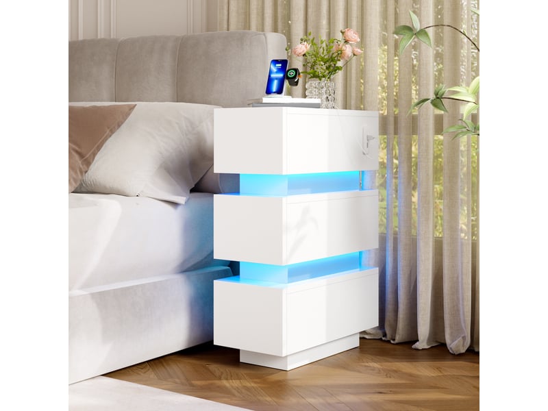  Lot de 2 tables de chevet - 40 x 20 x 59,5 cm - tables de chevet étroites avec éclairage led et ports usbtype-c - blanc  - Conforama C