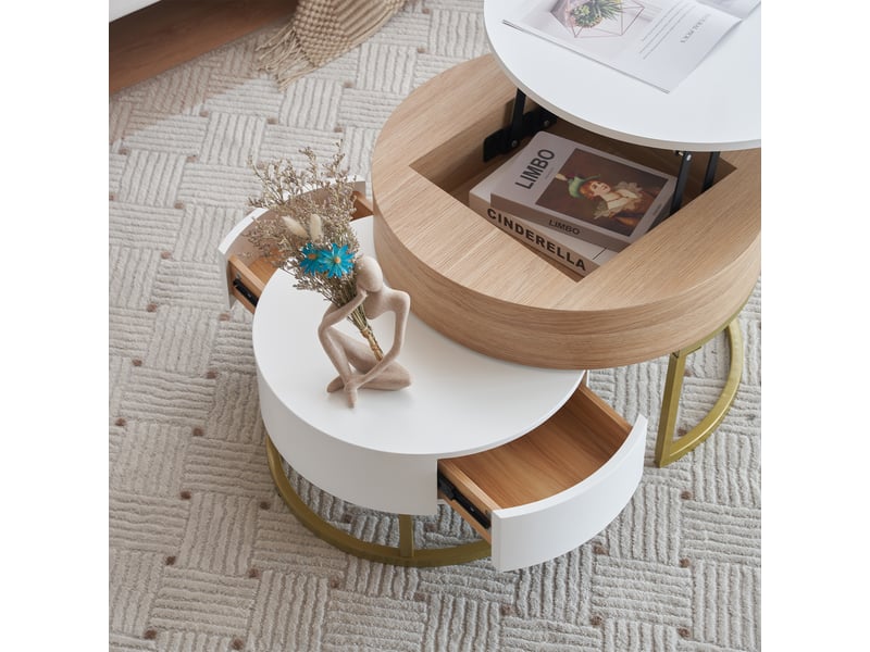 Ensemble de 2 tables basses dorées à plateau relevable et 2 tiroirs - design moderne et fonctionnel - Conforama D