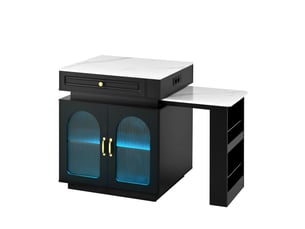 Îlot de cuisine à roulettes avec table extensible, led, prises, bar, desserte ou buffet, noir