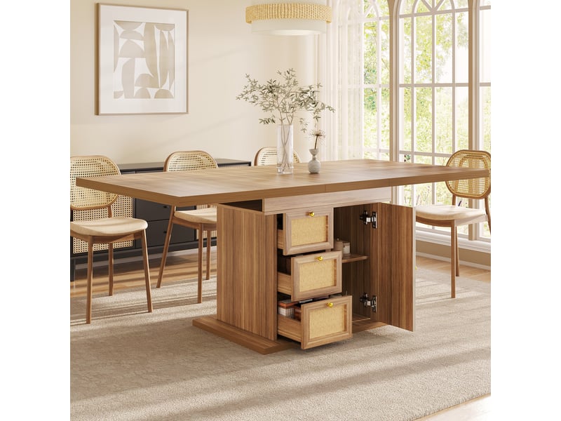  Table à manger extensible 110-140 x 80 x 76 cm, avec 3 tiroirs et placard fermé, façades aspect rotin, poignées dorées, marron  - Conforama E