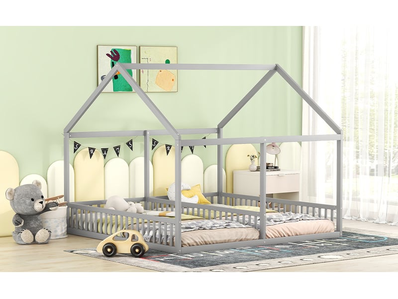  Lit cabane pour enfant 90x200 cm – lit 2-en-1 en bois gris, style maison moderne  - Conforama E