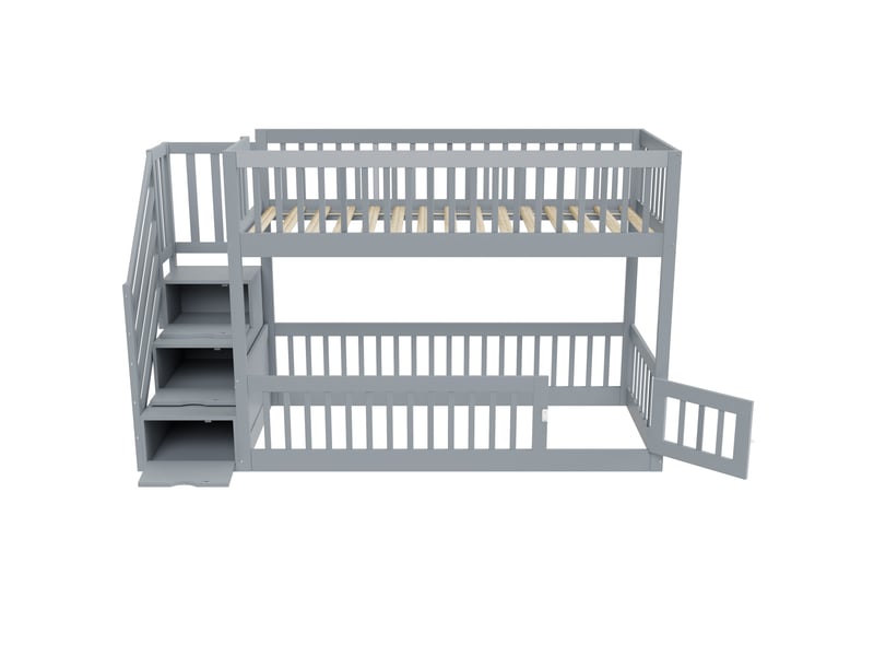  Lit superposé 2 places 90 × 200 cm avec escalier à tiroirs et barrières, sans matelas, en bois massif gris  - Conforama E