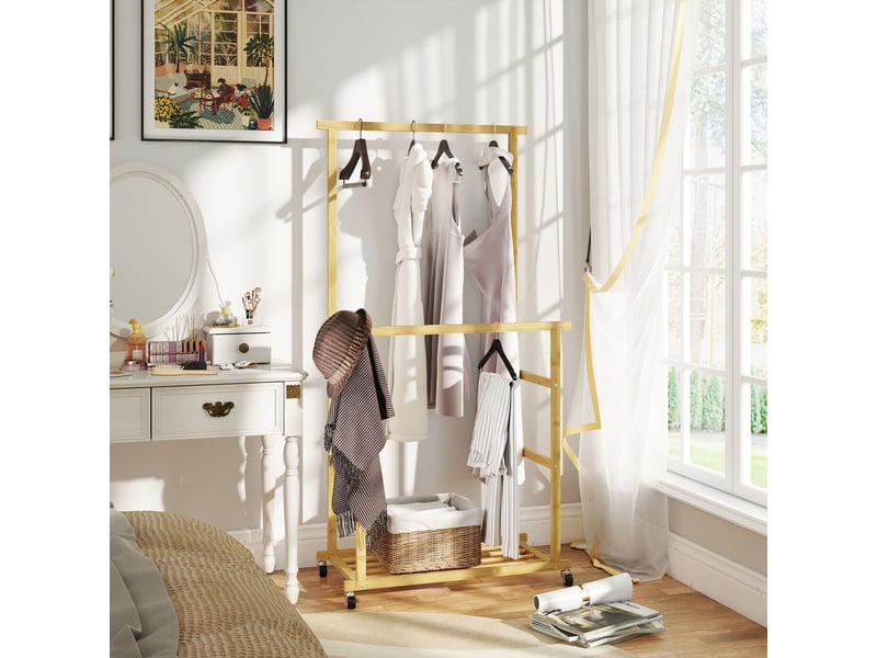  Portant à vêtements en bambou avec 2 barres, étagère inférieure et 4 roulettes, 80 x 40 x 160 cm, bois naturel  - Conforama D