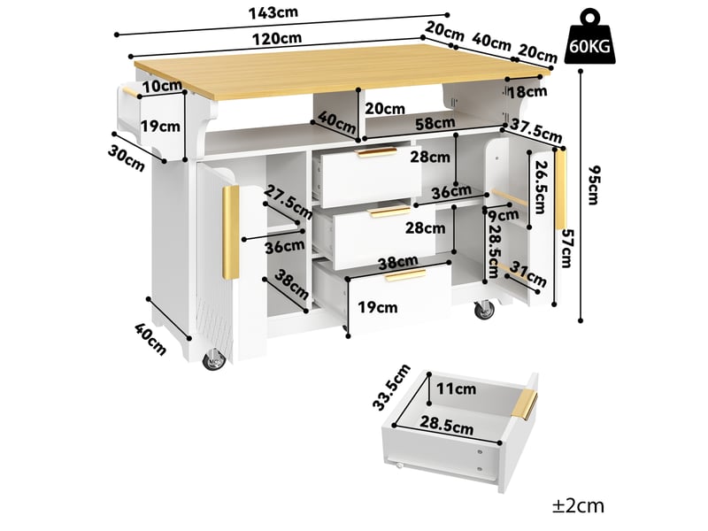  Desserte de cuisine à roulettes avec 3 tiroirs, étagères réglables et plateaux rabattables, blanc, 120 × 40 × 95 cm  - Conforama D