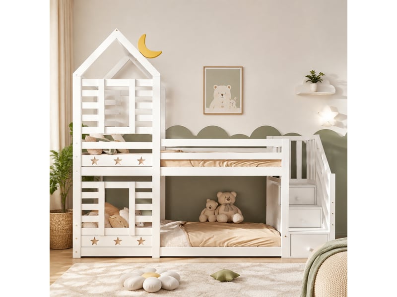  Lit superposé enfant 90x200 cm – blanc – cabane avec escalier de rangement et 2 tiroirs, sans matelas  - Conforama B