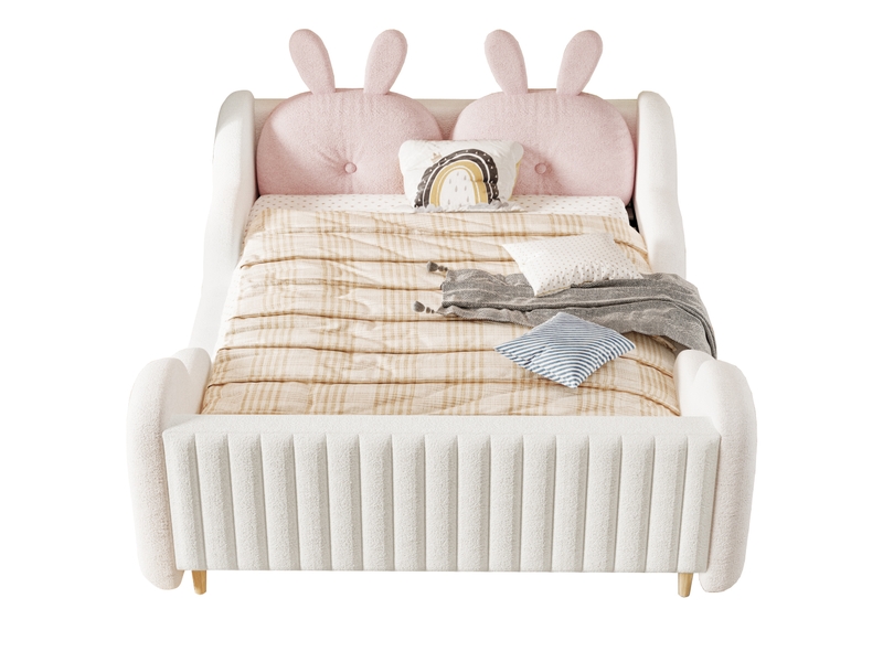  Lit enfant 140x200 cm design lapin et nuages, lit double avec sommier à lattes, revêtement teddy pour chambre moderne, blanc OPULERANE TRADING LTD - Conforama D