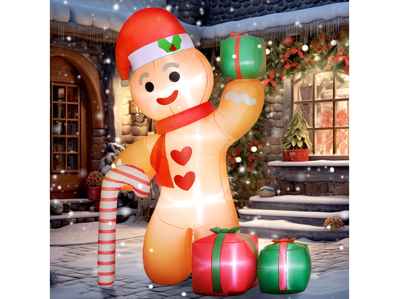  Bonhomme en pain d'épice avec canne de noël, 2,45 m de haut, gonflable, éclairage led blanc, 170 x 100 x 245 cm  - Conforama D