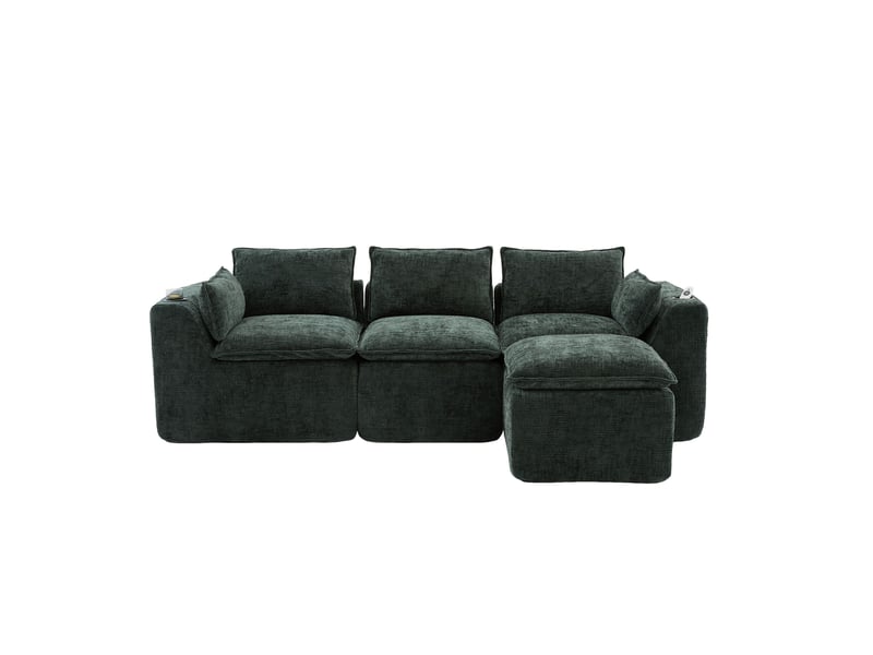  Canapé modulable 3 places modenvie avec pouf, coussins, porte-gobelets et poches latérales en tissu chenille vert foncé 256 x 161 x 75 cm  - Conforama A