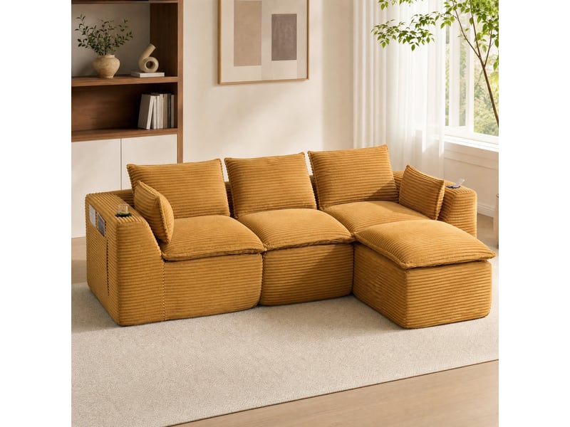 Canapé modulaire 3 places avec pouf en velours côtelé orange - Conforama B
