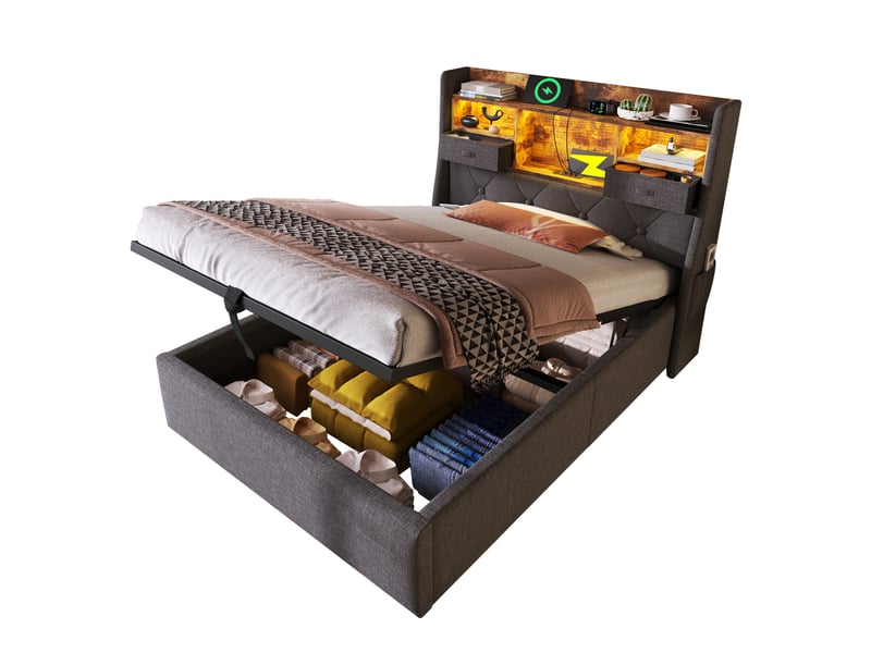 Lit enfant 90x200 cm – gris – coffre hydraulique, led, usb-c, sommier à lattes et matelas h3 réversible inclus - Conforama A