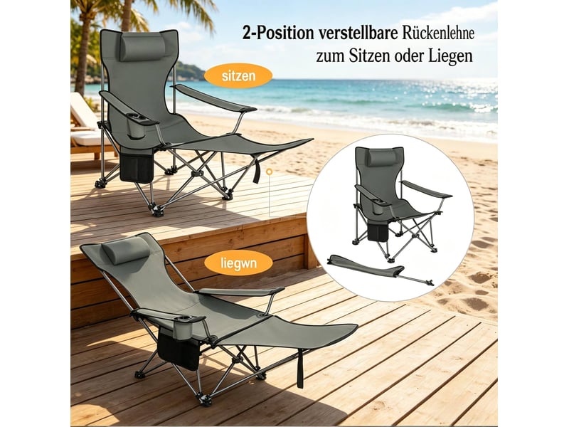Fauteuil de camping pliant gris avec repose-pieds extensible, dossier réglable et sac de transport inclus - Conforama D