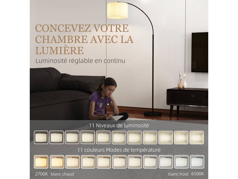  Lampadaire avec télécommande abat-jour réglable 11 température de couleurs et 11 niveaux de minuterie luminosité noir  - Conforama D