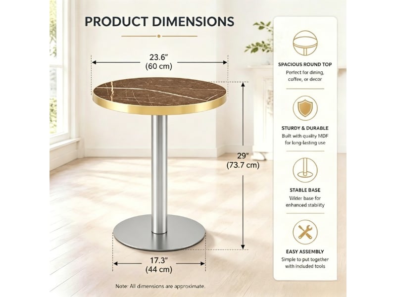  Table d’appoint ronde avec plateau effet marbre et piètement stable en acier inoxydable doré pour salon  - Conforama D