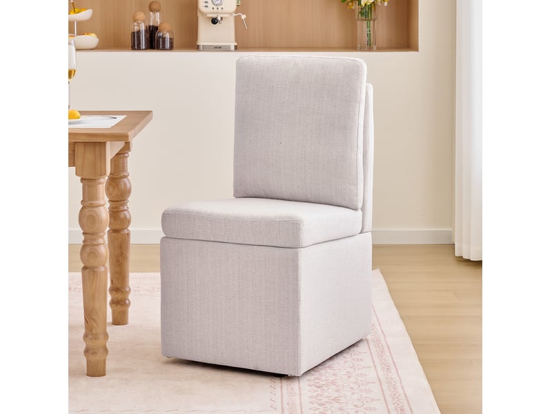  Chaise de salle à manger pivotante 49x65x92 cm, équipée de rangement, montée sur roulettes pour cuisine, tissu chenille gris et beige  - Conforama B