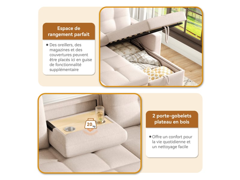 Canapé d'angle convertible modulable en lin avec rangement et porte-gobelet 3-4 places - Conforama D