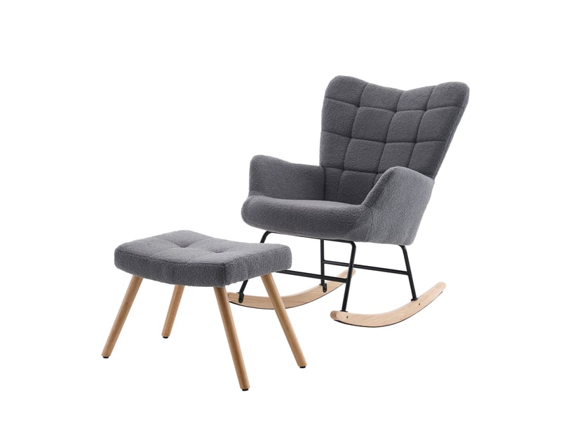  Fauteuil à bascule ulevr avec repose-pieds, dossier haut et assise épaisse, laine d’agneau grise, 91 × 61 × 88 cm  - Conforama A