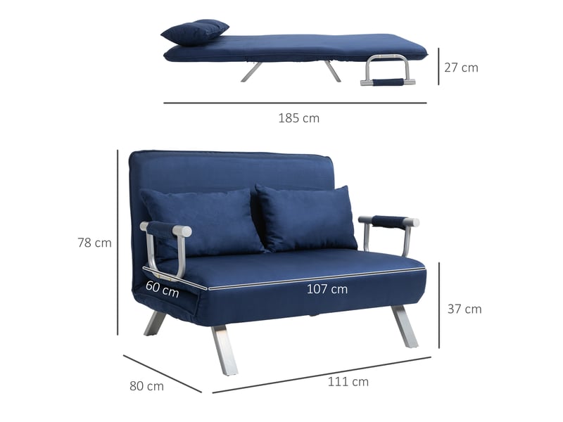  Canapé-lit 2 places 111x80x78 cm, accoudoirs et pieds en métal, dossier réglable 5 positions, revêtement bleu  - Conforama C