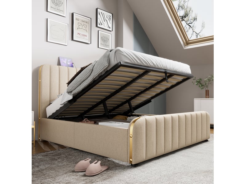  Lit coffre 2 places 180x200 cm, sans matelas, lin beige, charge usb type-c, doté de tête de lit à bandes dorées  - Conforama D