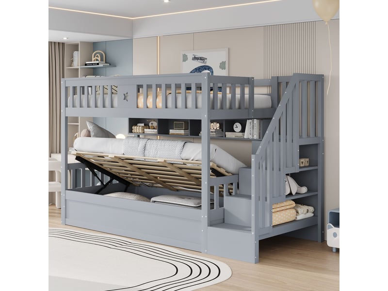  Lit mezzanine gris 90x200cm avec escalier rangement, bureau, sécurité renforcée, confort durable - bois massif - pour enfant ado  - Conforama B